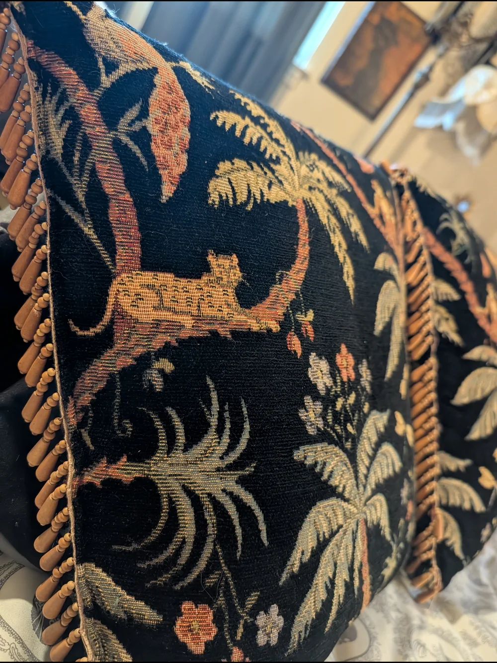 Vintage 90's Tapestry Pillows Woven Jacquard Wooden Beaded Trim Set Of 2